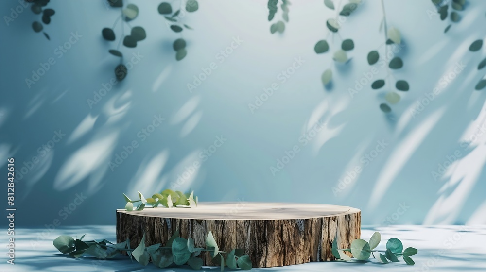 Leinwandbilder Abstract empty Wood slice podium with eucalyptus leaves and shadows on blue background Mock up stand for product presentation 3D Render Minimal concept Advertising template : Generative AI