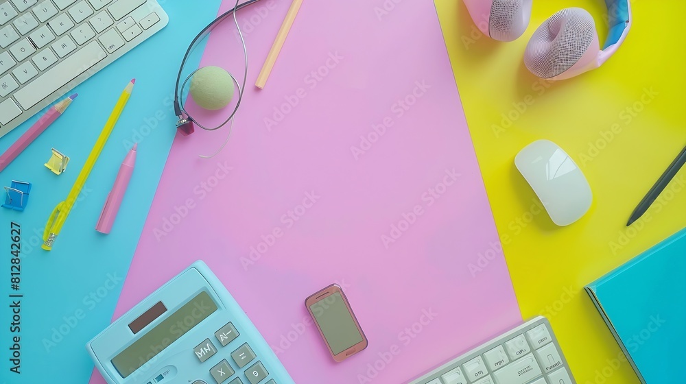 Poster office table desk with copy space calculator pencil paper ball earphone keyboard and office accessor