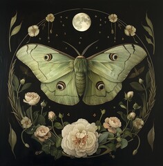 A green Luna moth with outstretched wings rests on a dark background surrounded by colourful flowers and small stars. A crescent moon hovers above it, creating a serene night landscape.