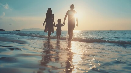 Sunset travel and family holding hands on beach walking on holiday summer vacation and weekend Nature mockup and mother father and children by ocean for bonding adventure and quality t : Generative AI