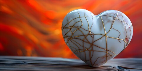 Kintsugi Art: White Porcelain Heart Repaired with Gold to Embody Japanese Philosophy. Concept Kintsugi Art, Japanese Philosophy, White Porcelain, Gold Repair, Symbolic Heart