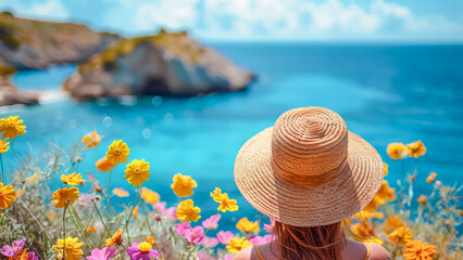 Summer vacation concept. Woman in straw hat overlooks vibrant seascape framed by summer flowers, epitomizing relaxation and eco-conscious travel at a seaside resort. Self care and healthy life