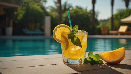 cold drink with orange by the pool - obrazy, fototapety, plakaty