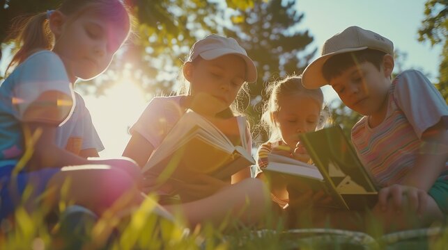 Group of children with books outdoors Summer camp : Generative AI