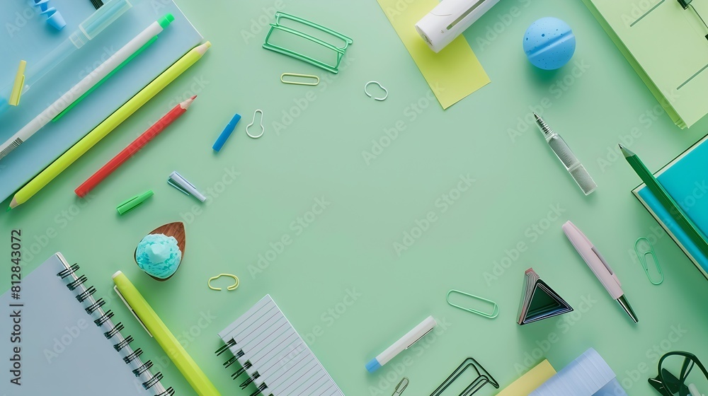 Poster Back to school background Flat lay top view of school accessories notebook pens on isolated light green table background School stationery on desk Copyspace : Generative AI