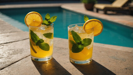 cold drink with orange by the pool - obrazy, fototapety, plakaty