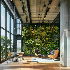 Interior design of a modern office in collaboration with Biobiology green space with vertical tree planting - obrazy, fototapety, plakaty