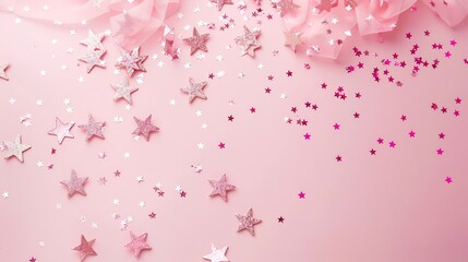 Festive pink background Shining stars on light pink pastel background Christmas Wedding Birthday Happy womans day Mothers Day Valentines Day Flat lay top view copy space : Generative AI