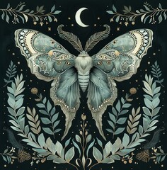 A green Luna moth with outstretched wings rests on a dark background surrounded by colourful flowers and small stars. A crescent moon hovers above it, creating a serene night landscape.