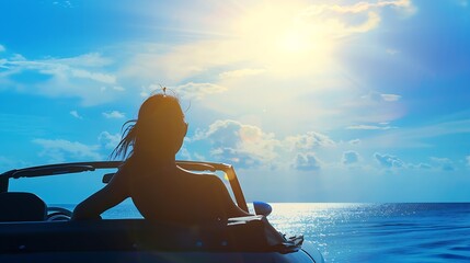 Fototapeta premium Silhouette of beautiful woman relaxing on the beach Person having fun in cabriolet against blue sky background Summer vacation and travel concept : Generative AI