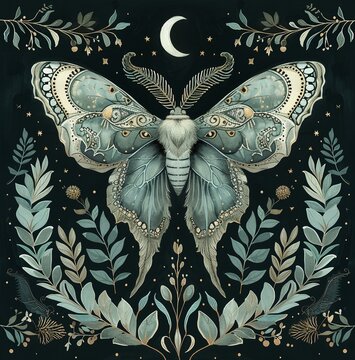 A green Luna moth with outstretched wings rests on a dark background surrounded by colourful flowers and small stars. A crescent moon hovers above it, creating a serene night landscape.