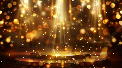 Gold stage scene with glitter light effects decorations and bokeh. Luxury background design concept