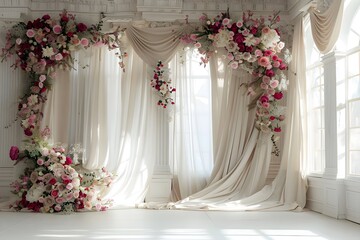 luxurious white room for wedding background with bouquet flora generative AI