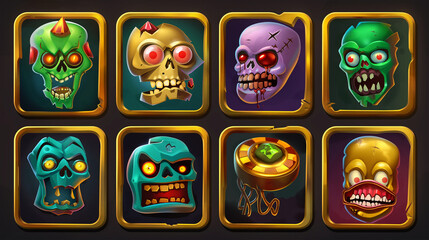 Obraz premium Zombie asset or Slot game icons on dark background, Illustration