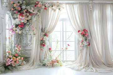 luxurious white room for wedding background with bouquet flora generative AI