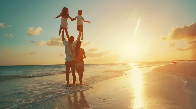Happy family in holiday Father Mother and kids having fun together shoulder ride on summer beach Parents carrying children on shoulders at beach on sunset time Family on holiday summer : Generative AI
