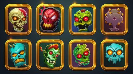 Fototapeta premium Zombie asset or Slot game icons on dark background, Illustration