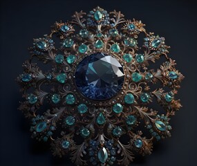 An ornate brooch sparkles with tiny crystals carefully filled with photoluminescent pigments creating a dazzling effect when exposed to UV light. generative AI - obrazy, fototapety, plakaty