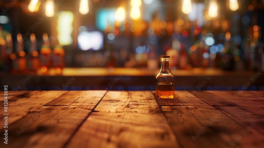 Poster Empty wooden bar counter with defocused background and bottles of restaurant bar or cafeteria background for your product display : Generative AI