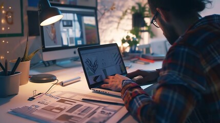 Designer planning magazine layout with laptop in coworking space : Generative AI