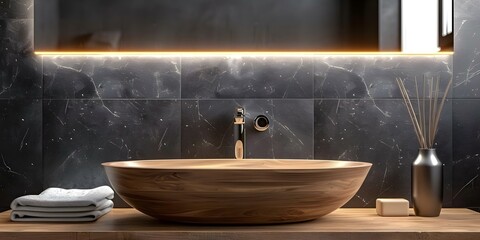 Fototapeta premium Design concept for a contemporary bathroom featuring a wooden sink and dark walls. Concept Contemporary Design, Wooden Sink, Dark Walls, Bathroom Renovation, Modern Aesthetics