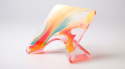 A colorful, abstract sculpture made of clear plastic. The sculpture is shaped like a triangle and has a pink base. The colors of the sculpture are vibrant and eye-catching, creating a sense of energy - obrazy, fototapety, plakaty