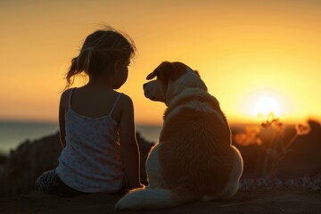 Touching scene of a young girl and her loyal dog watching a serene sunset