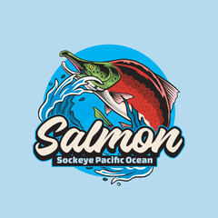 Vector Illustration of Sockeye Salmon and Waves with Vintage Illustration Available for Fishing Logo