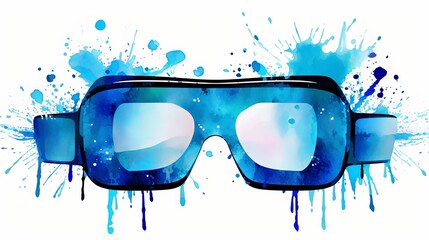 A pair of blue goggles with splatters of paint on them. The goggles are blue and white and have a splashy, artistic look - obrazy, fototapety, plakaty