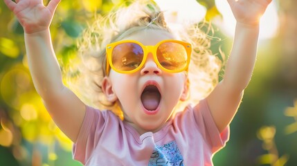 Funny kid girl playing outdoor surprised emotional child in sunglasses 3 years old baby raised hands family vacations : Generative AI