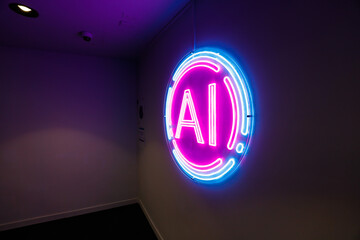 Neon AI (artificial intelligence) symbol, information technology background.