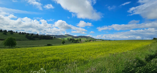 Rolling hills and farmland in the French countryside, with lush green fields and blue sky with fluffy clouds.