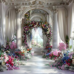 luxurious white room for wedding background with bouquet flora generative AI - obrazy, fototapety, plakaty