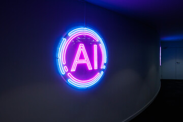 Neon AI (artificial intelligence) symbol, information technology background.