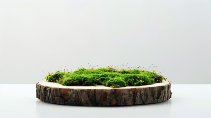 natural style Wooden saw cut round podium with green moss on a white background Still life for the presentation of products Blurred foreground : Generative AI