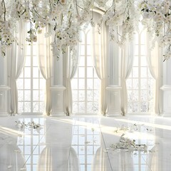 luxurious white room for wedding background with bouquet flora generative AI - obrazy, fototapety, plakaty