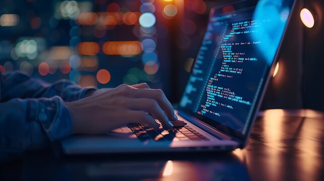 Digital software technology or mobile application development concept Programmer software developer coding HTML program Javascript on laptop computer UX UI user interface wireframe lay : Generative AI