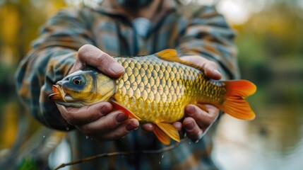 close-up of a fisherman holding a carp in his hands. Selective focus