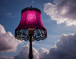 A bright fuchsia colored lamp with a lace pattern presents a dramatic and vintage allure against a dramatic cloud-filled sky
