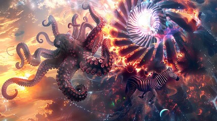 Quantum Computing, Mythical King, Zebras, Octopus, Solar Flare - obrazy, fototapety, plakaty