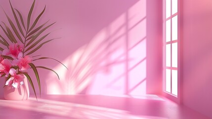 Abstract pink color gradient studio background for product presentation Empty room with shadows of window and flowers and palm leaves  3d room with copy space Summer concert Blurred ba : Generative AI