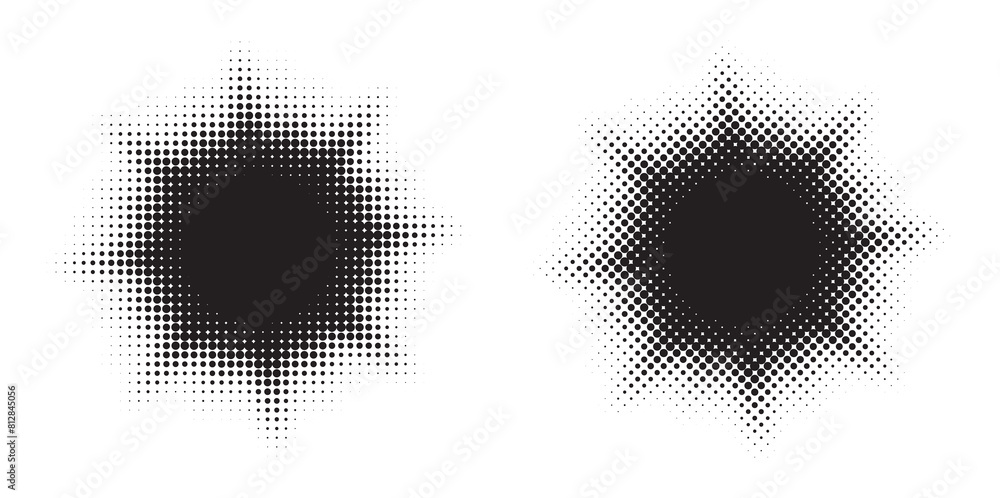 Poster Halftone Background. Glowing light Halftone effect. Abstract grunge Starburst halftone dots background set. Star Flare, Shine light halftone texture. Retro background, pop art style.