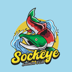 Vector Illustration of Sockeye Salmon and Waves with Vintage Illustration Available for Fishing Logo