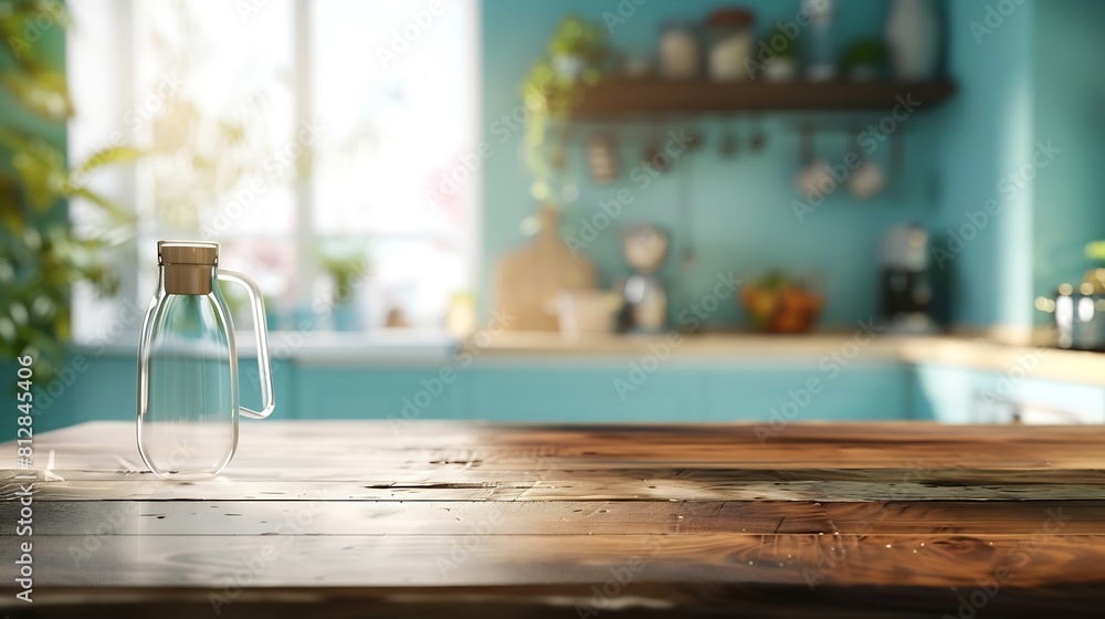 Poster empty table board and defocused modern kitchen background product display concept : generative ai