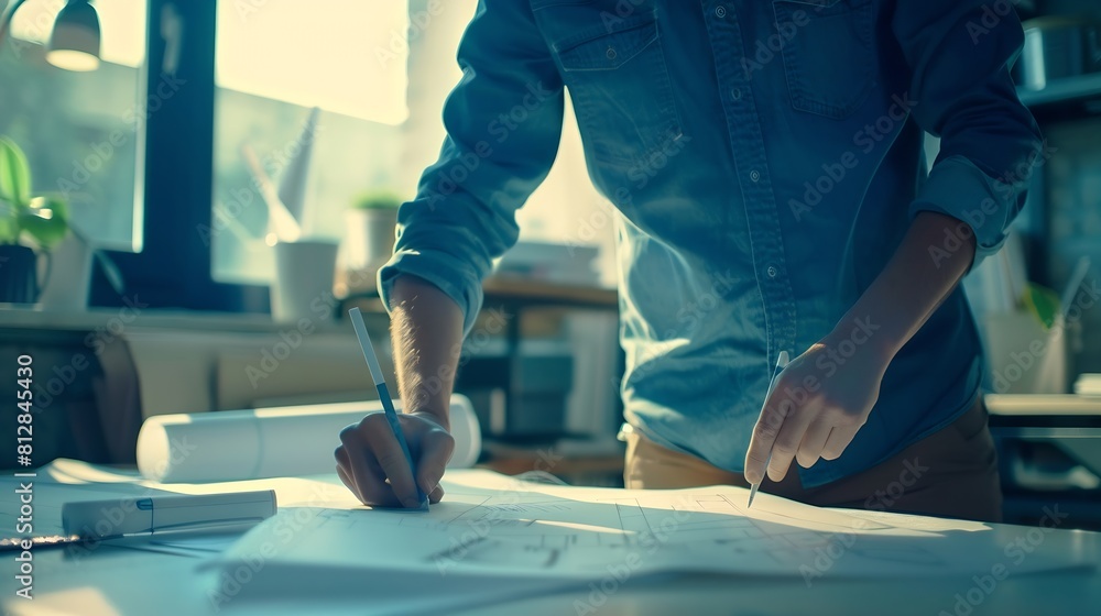 Poster Architect or engineer working on building blueprint contractor designing and drawing blueprint layout with tool for construction project Civil engineer and architecture design concept  : Generative AI