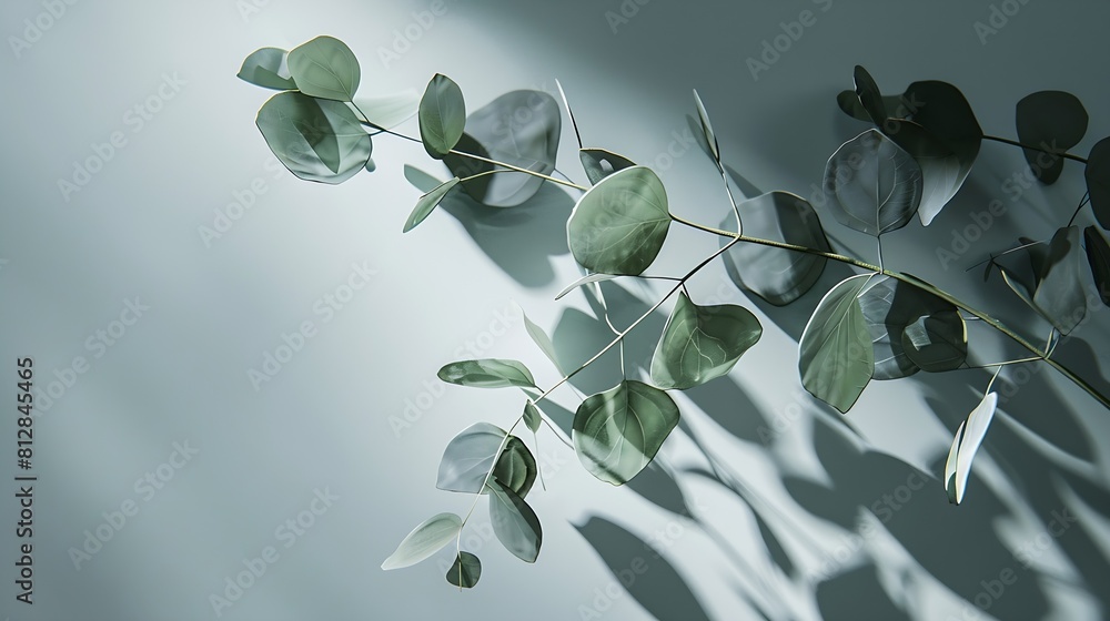 Poster green eucalyptus branch with shadows on empty light grey background backdrop for natural product pre
