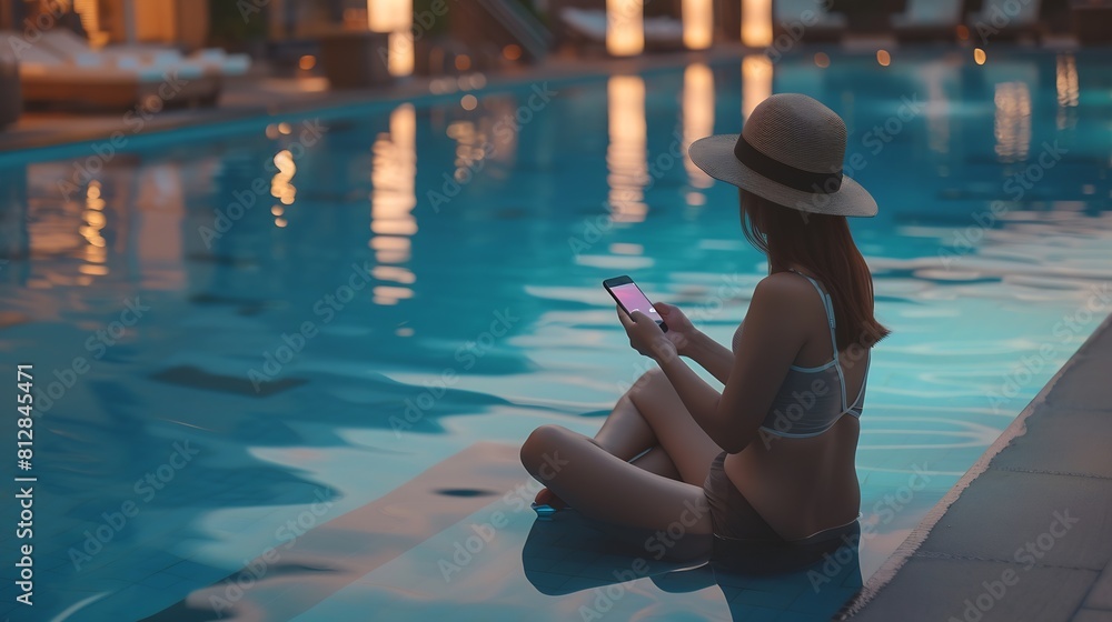 Aufkleber young woman traveler relaxing and using a mobile phone by a hotel pool while traveling for summer va