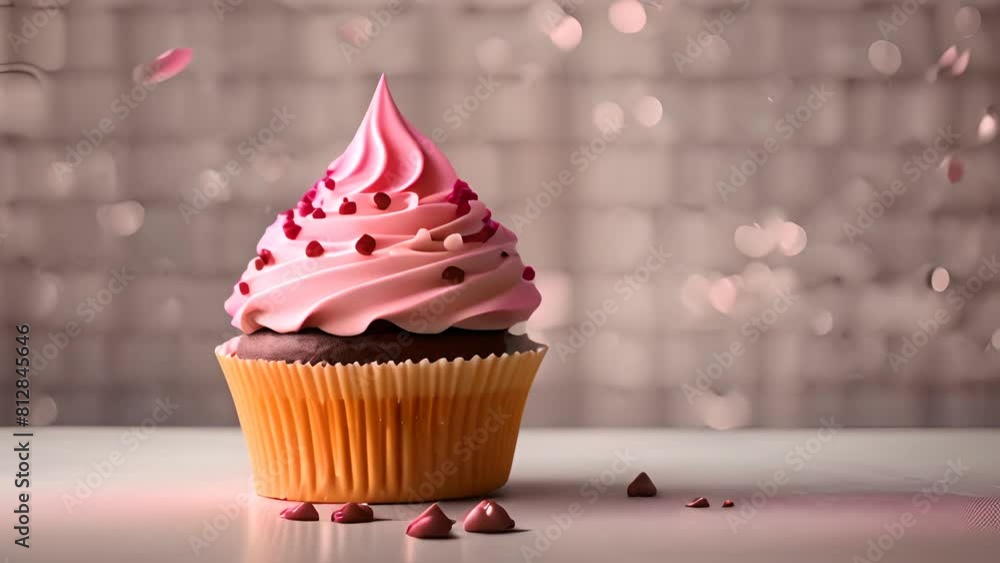 Poster cupcake with pink frosting on table generative ai