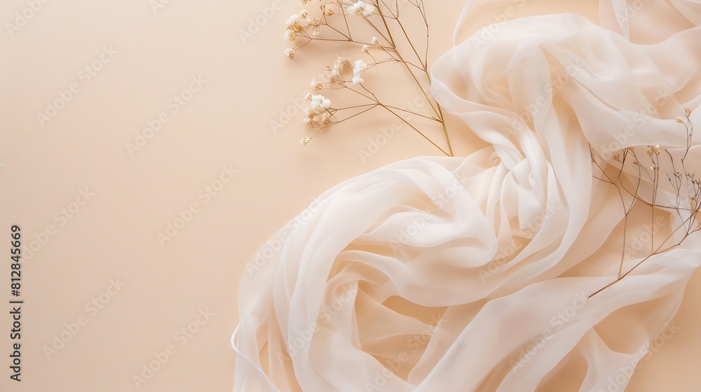 Poster top view photo of white light scarf and reed flowers on isolated beige background with copyspace : g