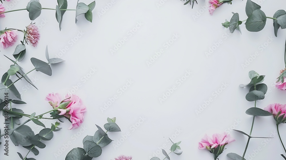 Poster flowers composition wreath made of various pink flowers and eucalyptus branches on white background 